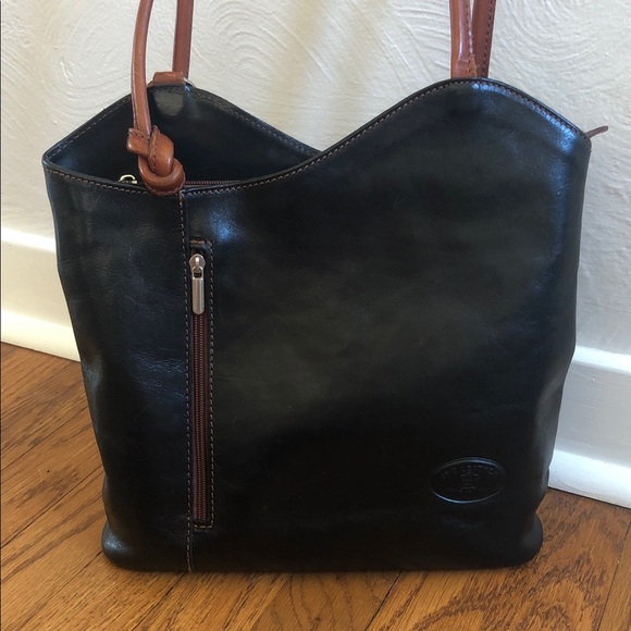 Handbags - Vera Pelle Italian Leather Black/Brown Shoulder Backpack Bag